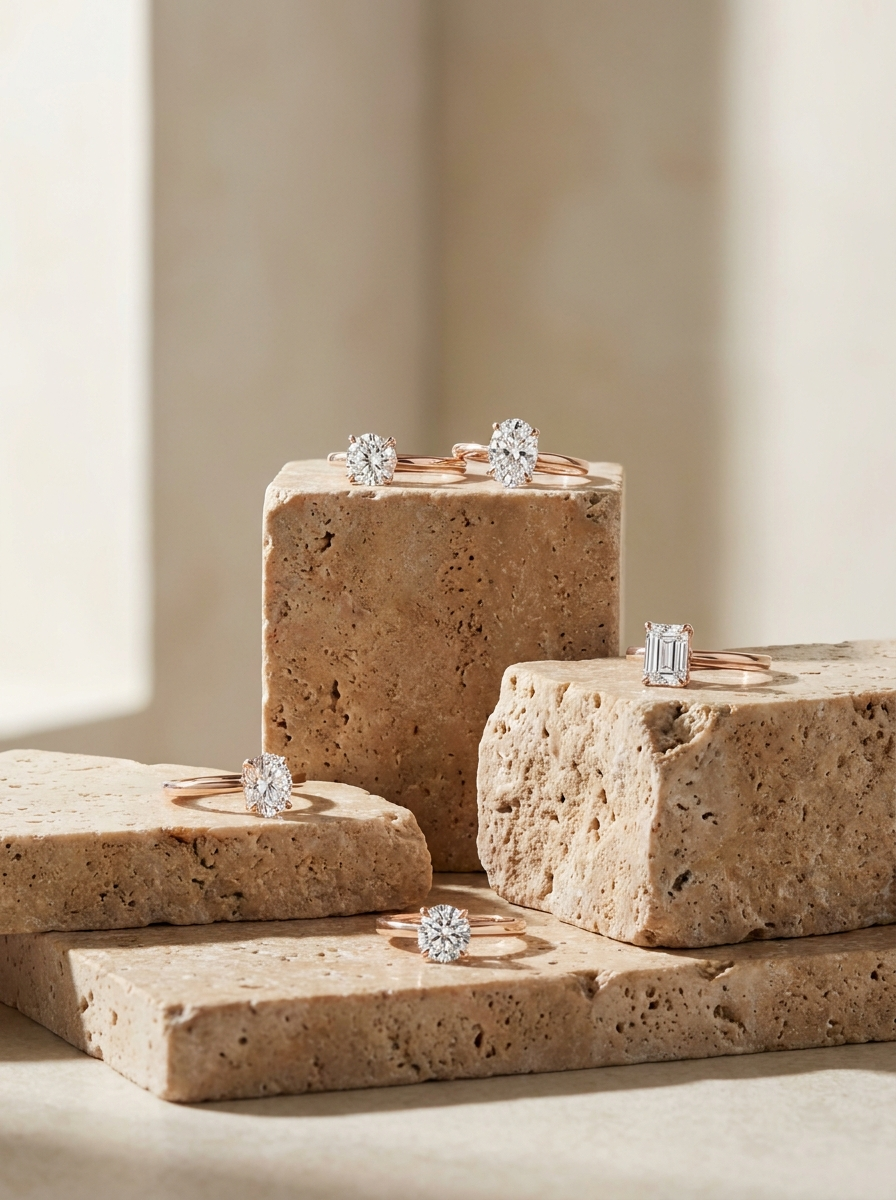 Rose gold diamond rings on travertine