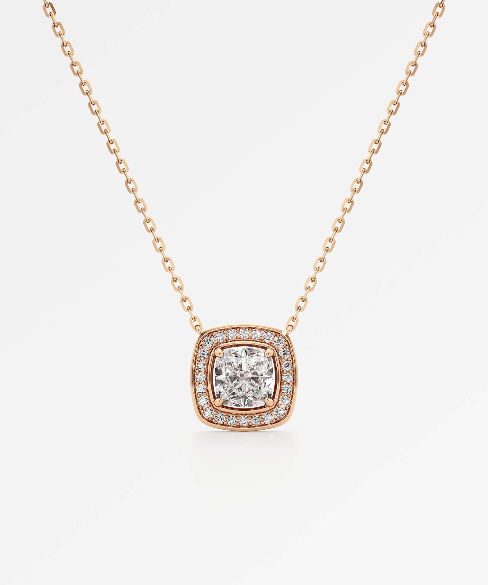 Celeste Diamond Halo Necklace 1.50 ct Cushion Cut in 18K Rose Gold – view 1