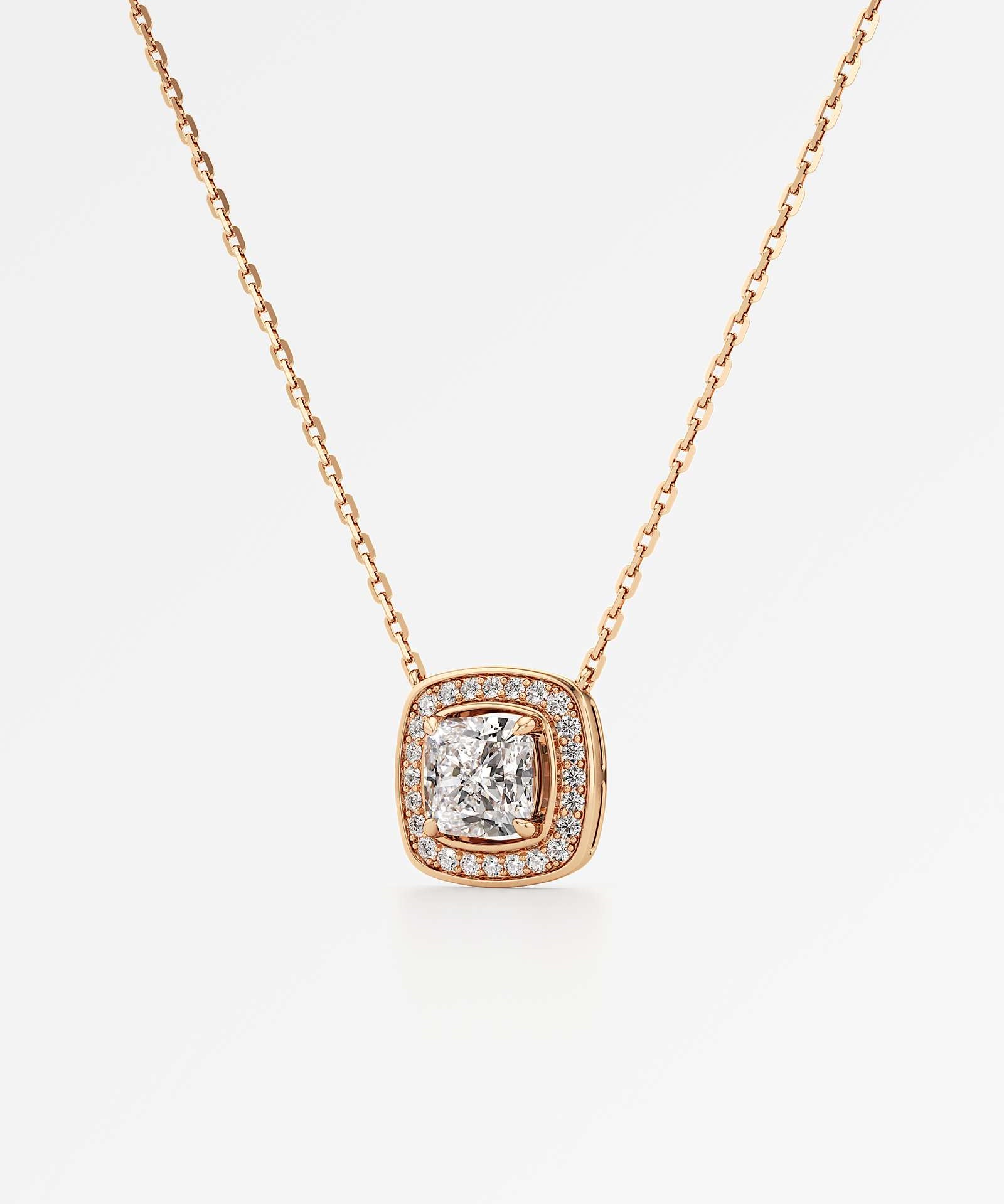 Celeste Diamond Halo Necklace 1.50 ct Cushion Cut in 14K Rose Gold – view 2