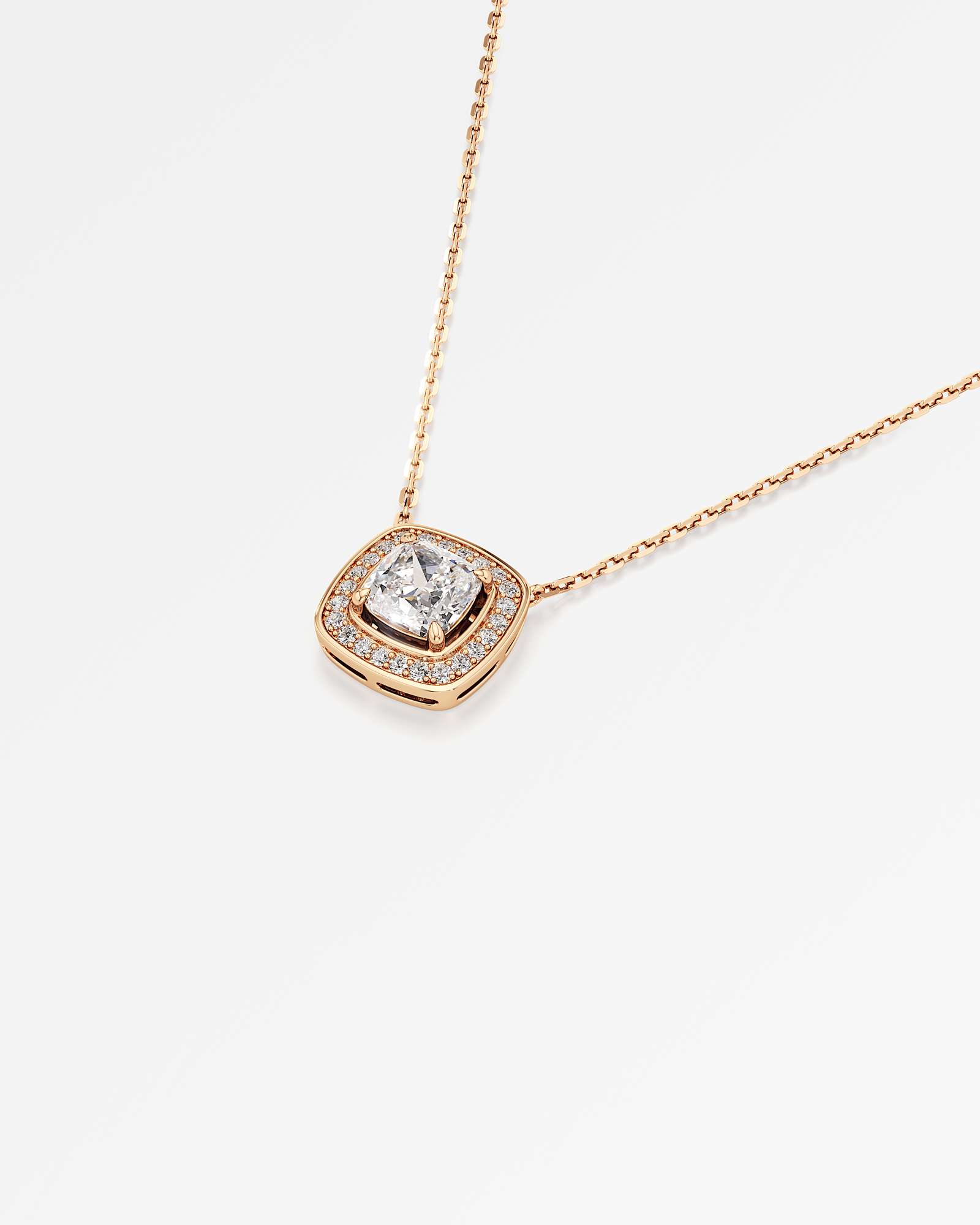 Celeste Diamond Halo Necklace 2 ct Cushion Cut in 18K Rose Gold – view 4