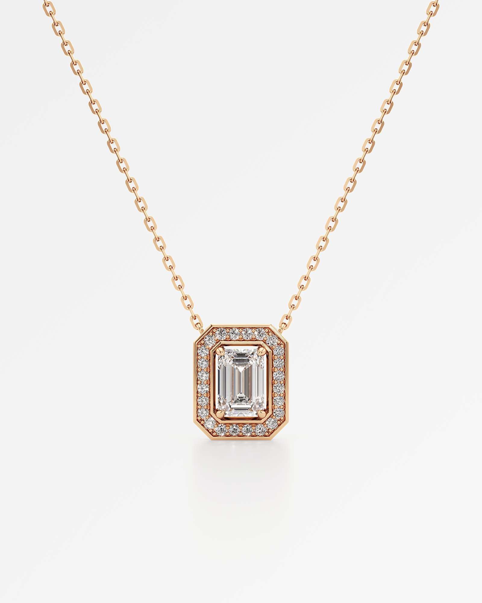 Celeste Diamond Halo Necklace 1.50 ct Emerald Cut in 18K Rose Gold – view 1