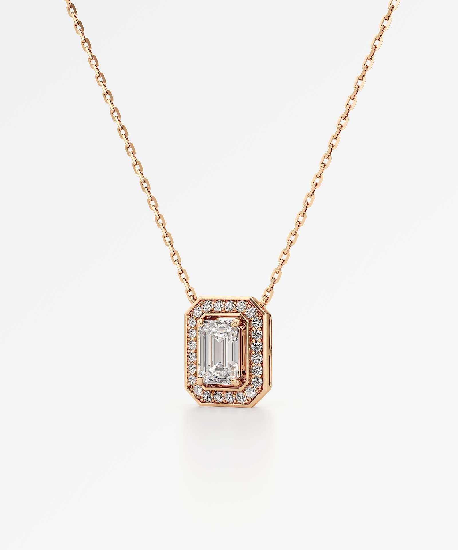 Celeste Diamond Halo Necklace 1.50 ct Emerald Cut in 14K Rose Gold – view 2