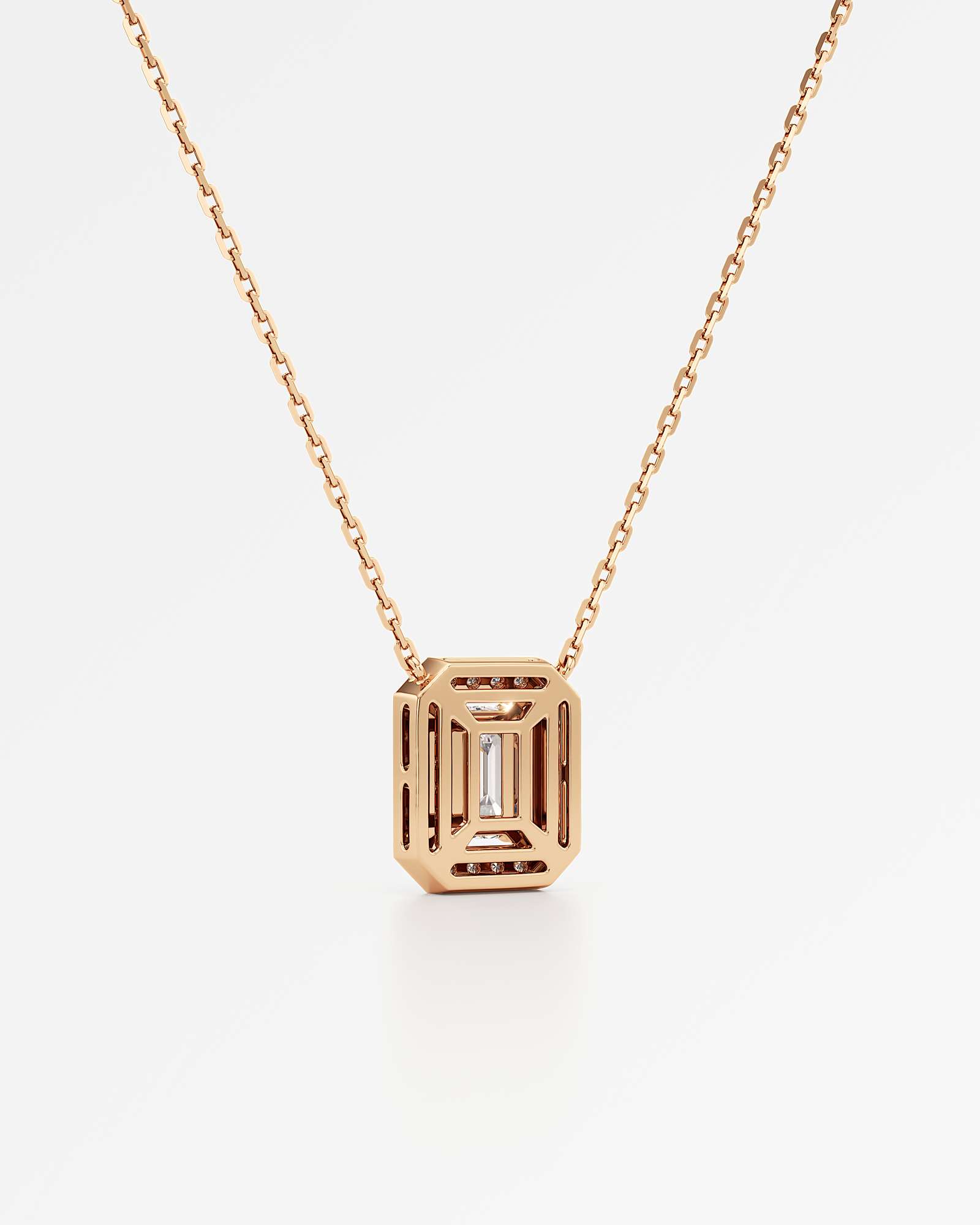 Celeste Diamond Halo Necklace 1.50 ct Emerald Cut in 14K Rose Gold – view 3