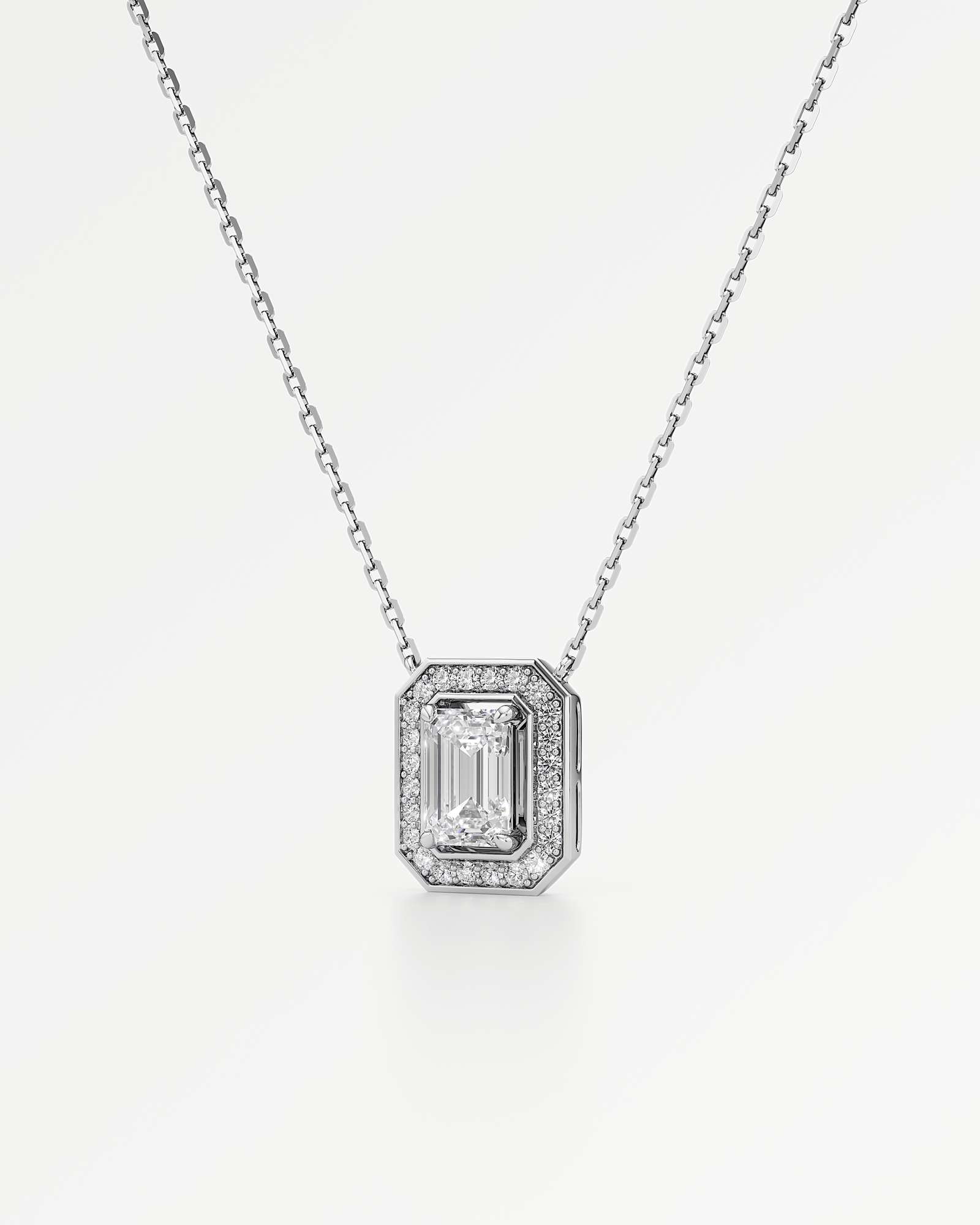 Celeste Diamond Halo Necklace 1.50 ct Emerald Cut in 18K White Gold – view 2
