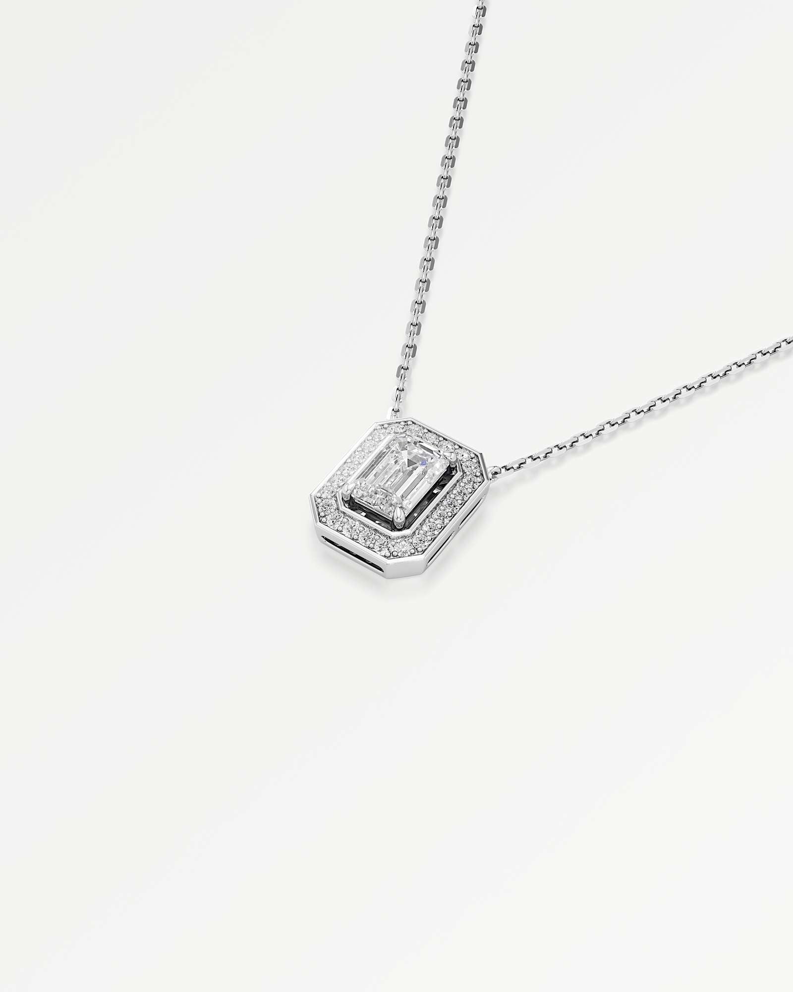 Celeste Diamond Halo Necklace 2 ct Emerald Cut in 18K White Gold – view 4