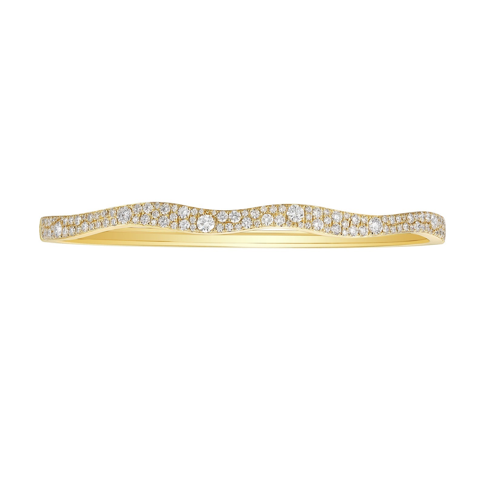 Glam wave pave lab grown diamond bangle front view yellow gold