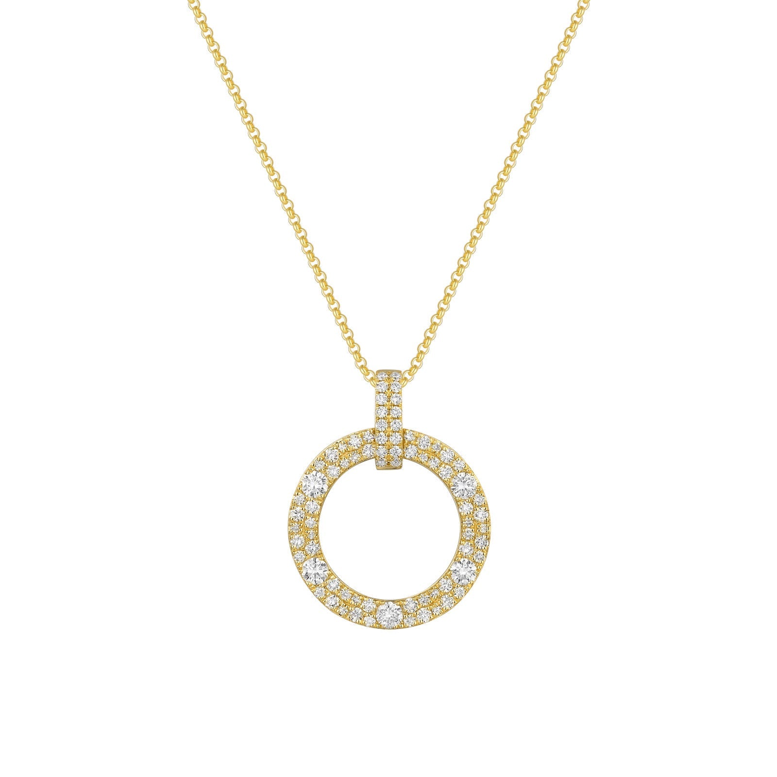 Circle pave lab grown diamond pendant necklace front view yellow gold