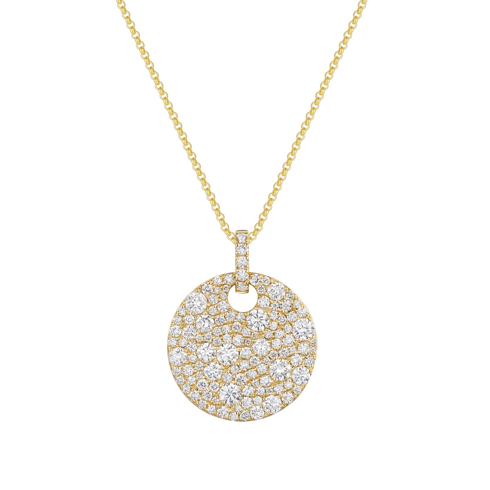 Full pave lab grown diamond disc pendant necklace front view yellow gold