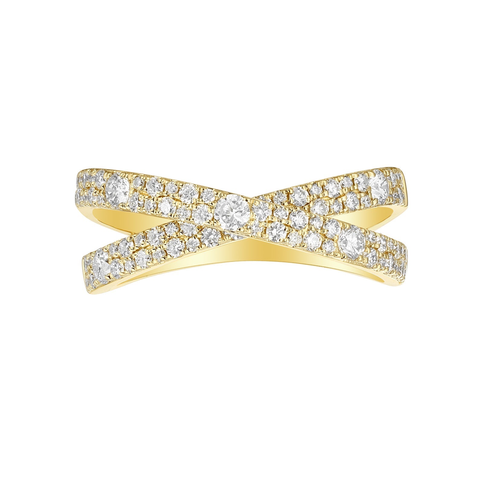Glam criss cross pave lab grown diamond X ring front view yellow gold